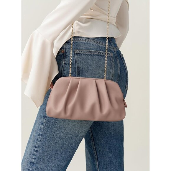 ⚡Women's Soft Pleated Vegan Leather Zipper Closure Evening Light Pink Clutch Bag - Picture 3 of 6